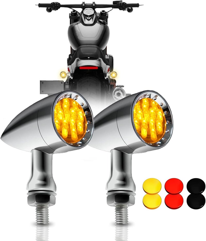 DREAMIZER 2pcs Chrome Bullet 15 LEDs Motorcycle Turn Signal Lights Front and Rear Indicator Lamps Compatible for Harley Honda Yamaha Cruiser Softail Sportster StreetBike Chopper Bobber (Amber lens) - Image 1